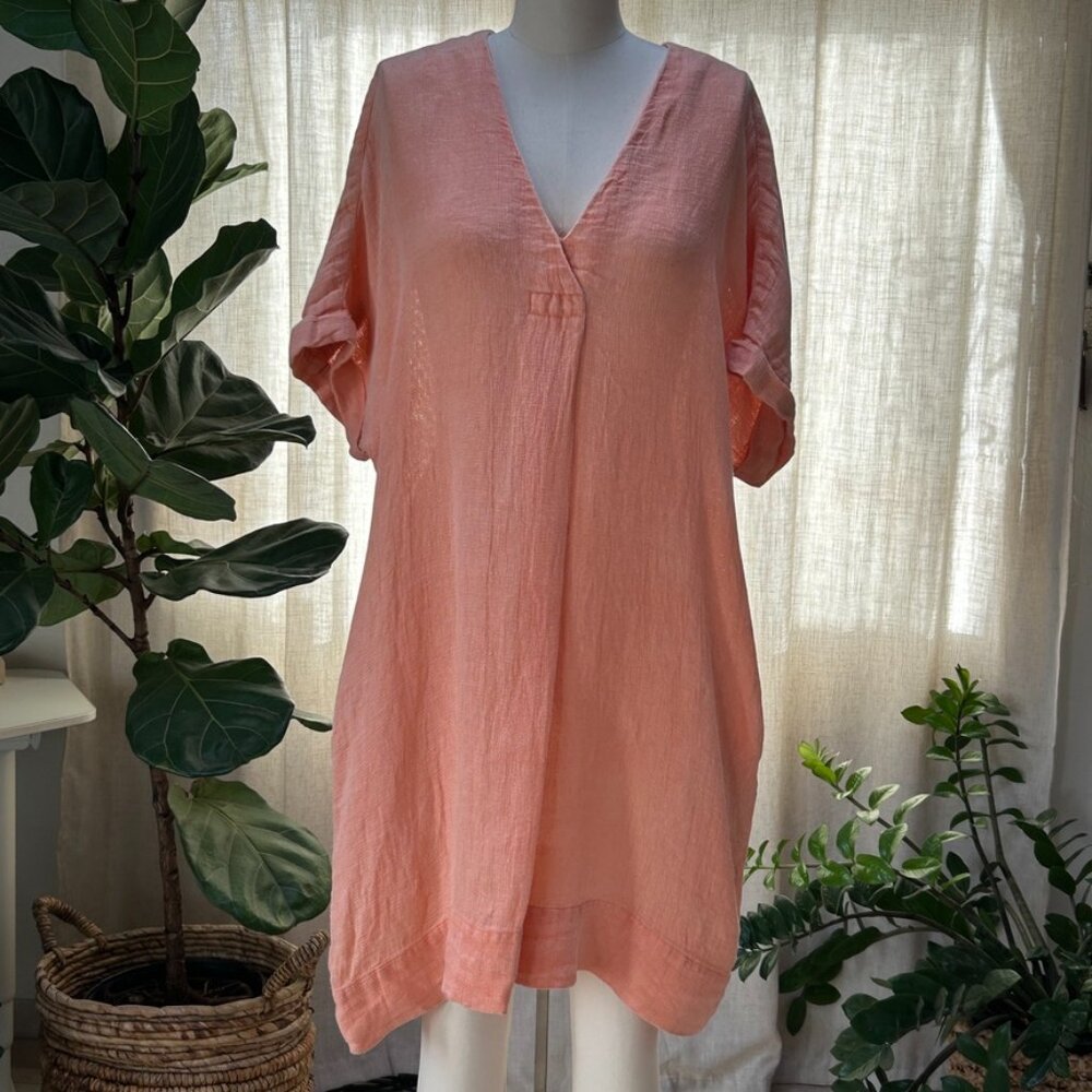 Faherty Sanibel Basketweave Linen Midi Caftan Dress- Coral/Peach